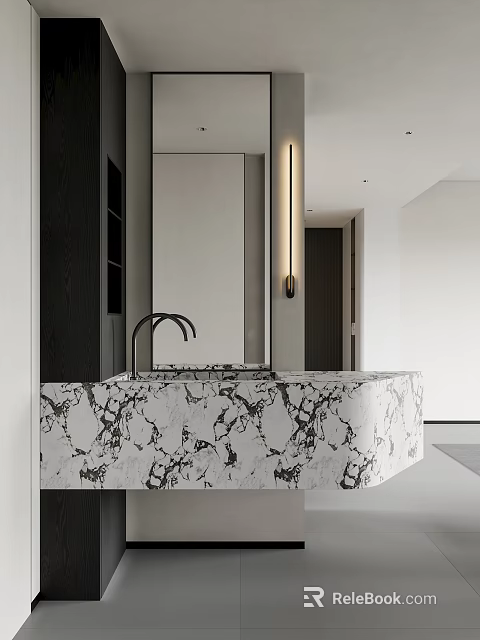 Modern Bathroom Vanity With Marble Countertop Black Faucet Mirror And Lighting 3d model 