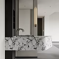 Modern Bathroom Vanity With Marble Countertop Black Faucet Mirror And Lighting