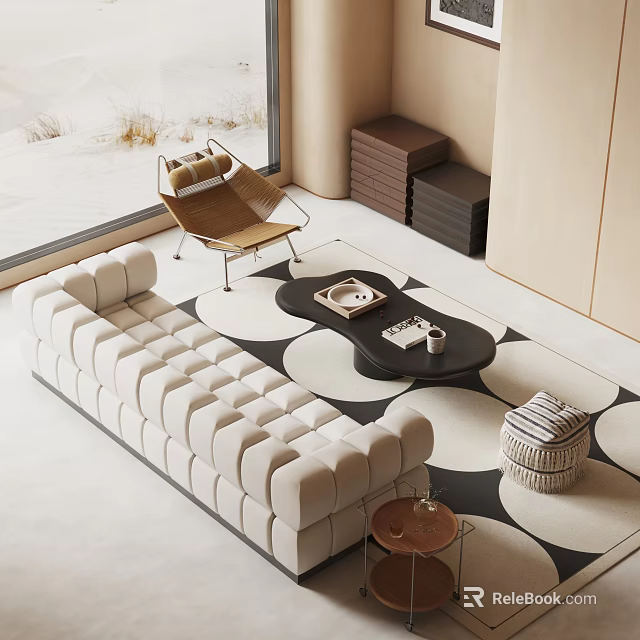 Modern Tufted White Sofa And Black Coffee Table With Geometric Rug In Living Room Interior 3d model 