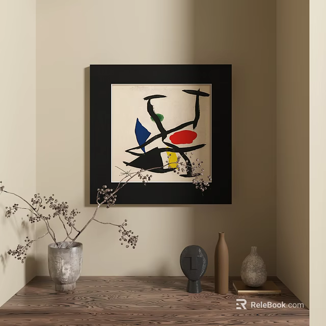 Black Framed Abstract Painting With Colorful Geometric Shapes Red Blue Yellow On Wall Interior Decor 3d model 