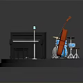 Stage Setup With Black Piano Blue Drum Set And Red Double Bass