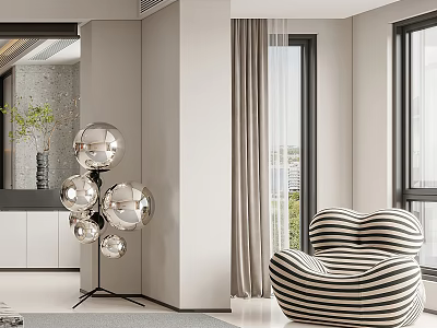 Striped Accent Chair in Modern Living Room with Window Curtain and Metallic Sphere Floor Lamp 3d model