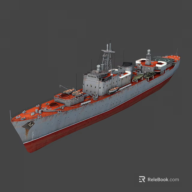 Military Warship With Gray Hull Red Bottom Upper Superstructure And Deck Military Facilities Equipment 3d model 