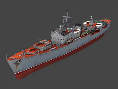 Military Warship With Gray Hull Red Bottom Upper Superstructure And Deck Military Facilities Equipment 3d model