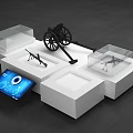 Exhibition Display Shelves With Transparent Cases Holding Cannon Rifle And Digital Screen
