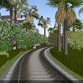 Curved Stone Path Road Facilities With Green Bushes Palm Trees And White Buildings Blue Sky