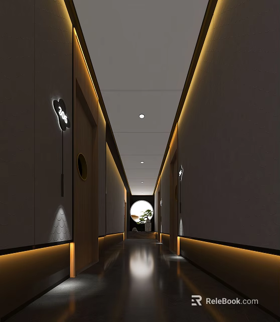 Modern Elevator Corridor With Warm Yellow Strip Lighting And Circular End Design 3d model