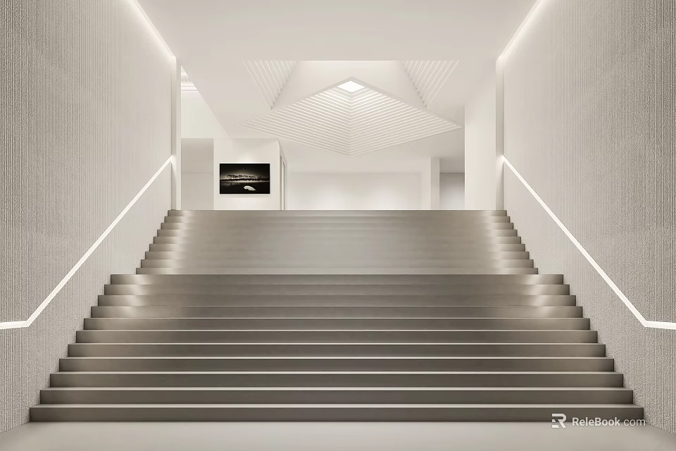 Modern Staircase with White Walls Minimalist Design and Ceiling Lighting 3d model 