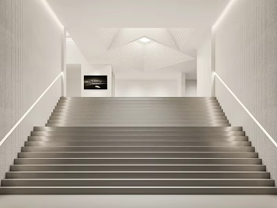Modern Staircase with White Walls Minimalist Design and Ceiling Lighting 3d model