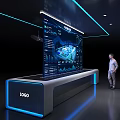 Modern Exhibition Hall With Large Digital Screen Displaying Data Charts And 3D Building Model 3d model
