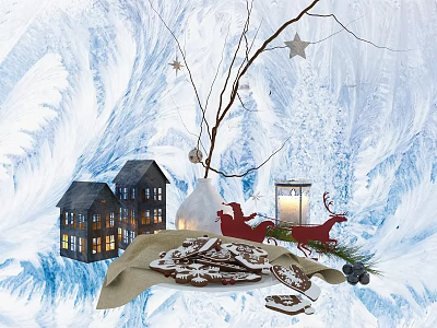 Winter Holiday Decoration Scene With Small Houses Red Sleigh Reindeer Cookies Lantern And Star Branches 3d model