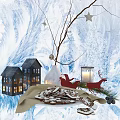 Winter Holiday Decoration Scene With Small Houses Red Sleigh Reindeer Cookies Lantern And Star Branches