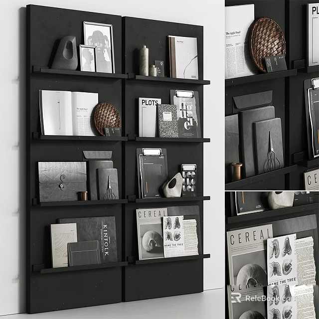 Stylish Bookshelf with Arranged Books Decorative Objects and Magazines in Contemporary Interior 3d model 