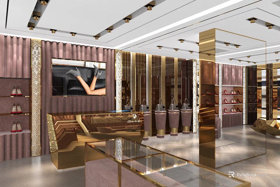 Luxury Boutique Store Interior With Glass Display Cases Gold Accents Sofa Seating And Shelves 3d model 