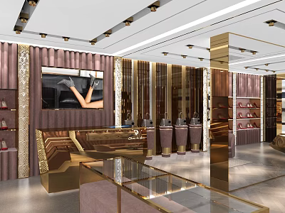 Luxury Boutique Store Interior With Glass Display Cases Gold Accents Sofa Seating And Shelves 3d model