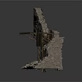 Ruined Stone Wall Structure Featuring Wooden Beams And Green Climbing Vines