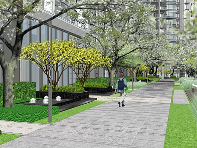 Residential Landscape With Lush Trees Paved Walkway Green Lawn Person Walking And High Rise Buildings 3d model