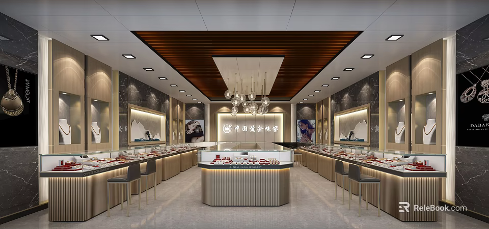 Elegant Modern Jewelry Store Interior With Glass Display Cases Chandeliers And Marble Counters 3d model 