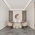 Modern Private Dining Room Interior With Round Table Chairs Circular Decor And Ceiling Lighting 3d model