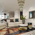 Modern Dining and Living Room Interior With Red Sofa Abstract Painting Pendant Lights And Chairs