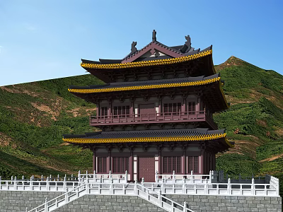 Traditional Ancient Three Story Building With Yellow Roof Red Exterior Green Hills And White Railings 3d model