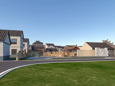 Traditional And Modern Houses With Diverse Roof Styles Along Green Lawn And Road 3d model