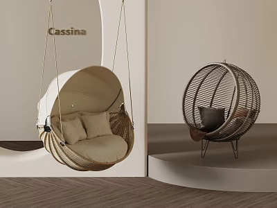 Modern Indoor Rattan Swing Chairs Hanging And Floor Standing With Soft Cushions 3d model