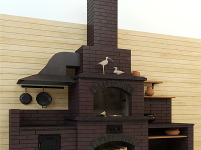 Brick Fireplace With Hood Hanging Pans And Decorative Items On Wooden Wall 3d model