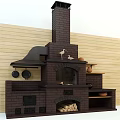 Brick Fireplace With Hood Hanging Pans And Decorative Items On Wooden Wall