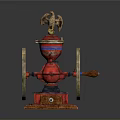 Vintage Electrical Appliance Featuring Red Body Golden Eagle And Blue Red Wheels On Wooden Base