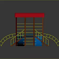 Colorful Playground Equipment With Red Roof Yellow Railings Blue Slide Spiral Structure And Steps