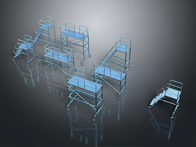 Blue Scaffolding Stairs With Multiple Different Structures On Black Reflective Background 3d model