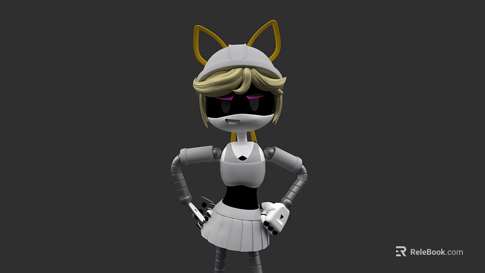 Robot Character With Cat Ears Blonde Hair Sunglasses And White Dress Mechanical Arms 3d model 