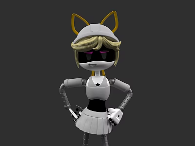 Robot Character With Cat Ears Blonde Hair Sunglasses And White Dress Mechanical Arms 3d model