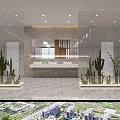 Modern Office Corridor Interior Design With Wooden Columns Marble Floor Recessed Lighting And Green Plants