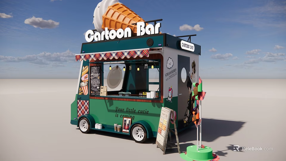 Cartoon Themed Food Cart With Green Body Awning Wheels And Menu Board For Tiny Cafe 3d model 