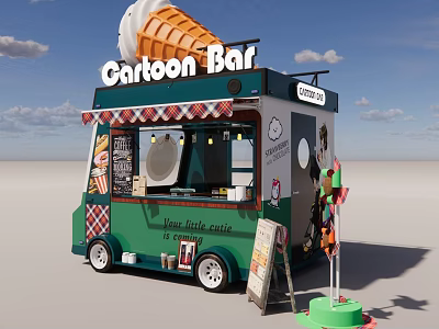 Cartoon Themed Food Cart With Green Body Awning Wheels And Menu Board For Tiny Cafe 3d model