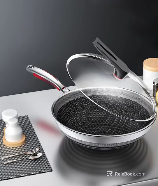 Stainless Steel Frying Pan With Honeycomb Structure And Standable Lid 3d model 