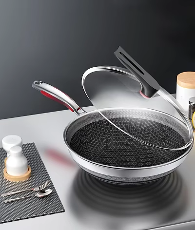 Stainless Steel Frying Pan With Honeycomb Structure And Standable Lid 3d model