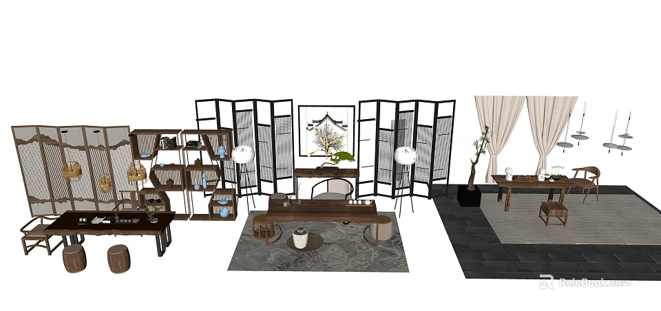 Elegant Tea Table And Chairs With Folding Screen Tea Set And Potted Plants 3d model