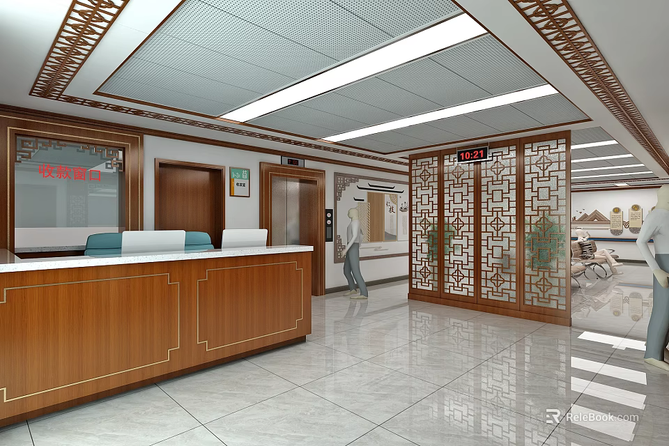 Chinese Style Lobby Interior With Wooden Reception Desk And Decorative Screens 3d model 