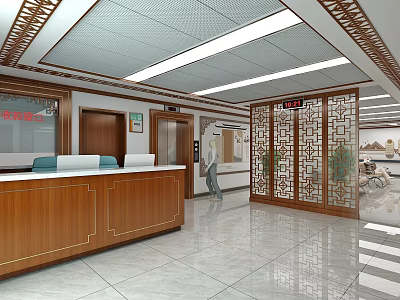 Chinese Style Lobby Interior With Wooden Reception Desk And Decorative Screens 3d model