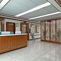 Chinese Style Lobby Interior With Wooden Reception Desk And Decorative Screens