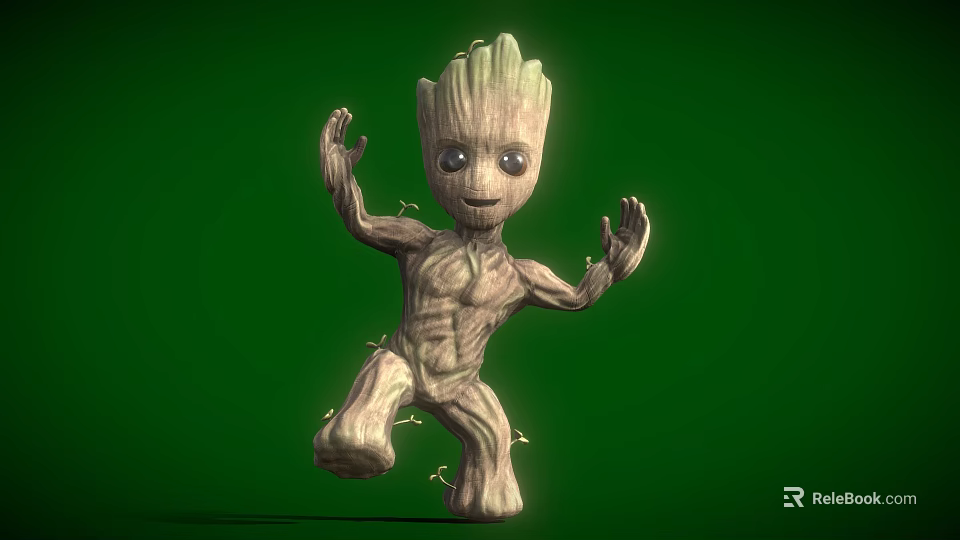 Baby Groot Movie Character Cute Tree Figure With Open Arms And Green Background 3d model 