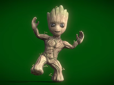 Baby Groot Movie Character Cute Tree Figure With Open Arms And Green Background 3d model