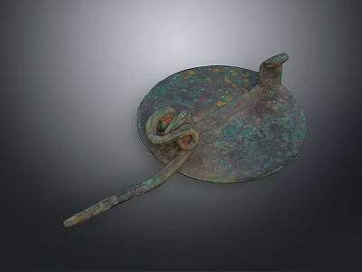 Ancient Bronze Household Utensil With Circular Base Long Handle And Green Patina 3d model