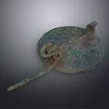 Ancient Bronze Household Utensil With Circular Base Long Handle And Green Patina
