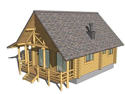 Log Cabin Exterior With Shingle Roof Chimney Porch Steps And Windows 3d model
