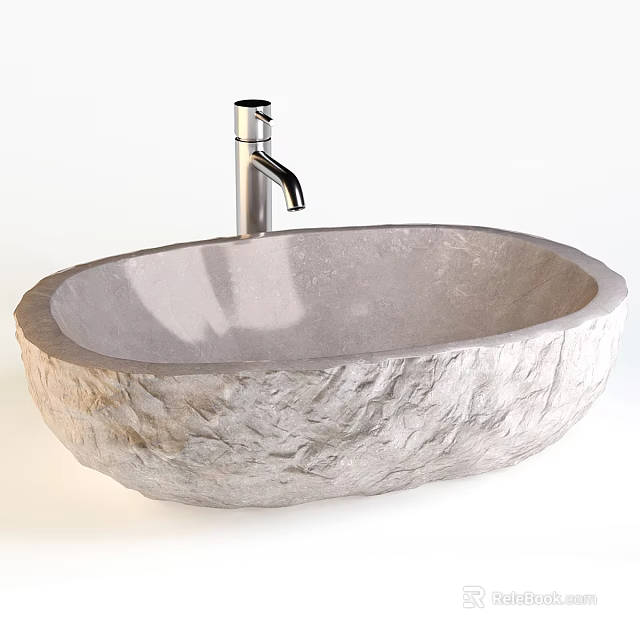 Natural Stone Oval Washbasin with Textured Surface and Modern Stainless Steel Faucet 3d model 