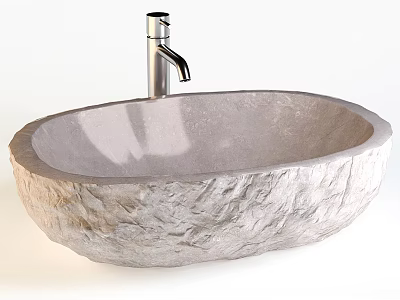 Natural Stone Oval Washbasin with Textured Surface and Modern Stainless Steel Faucet 3d model